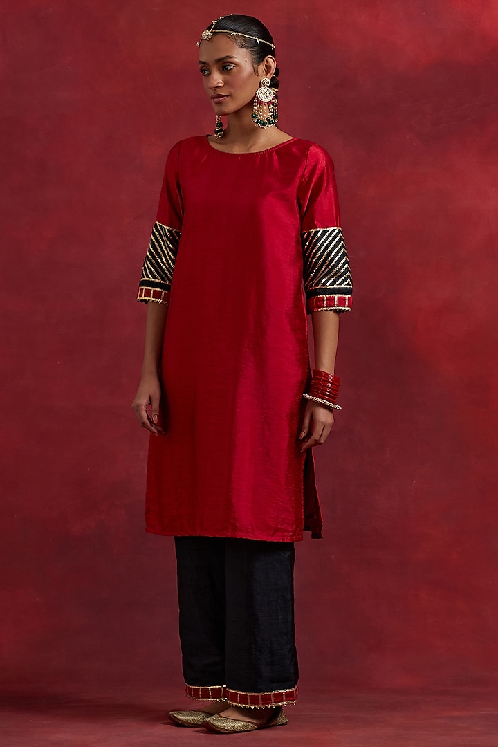 Red Raw Silk Gota Work Kurta by TIC at Pernia's Pop Up Shop