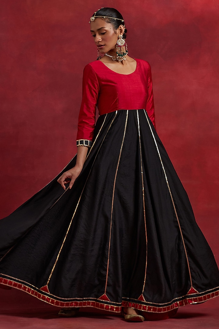 Red & Black Raw Silk Gota Work Anarkali by TIC at Pernia's Pop Up Shop