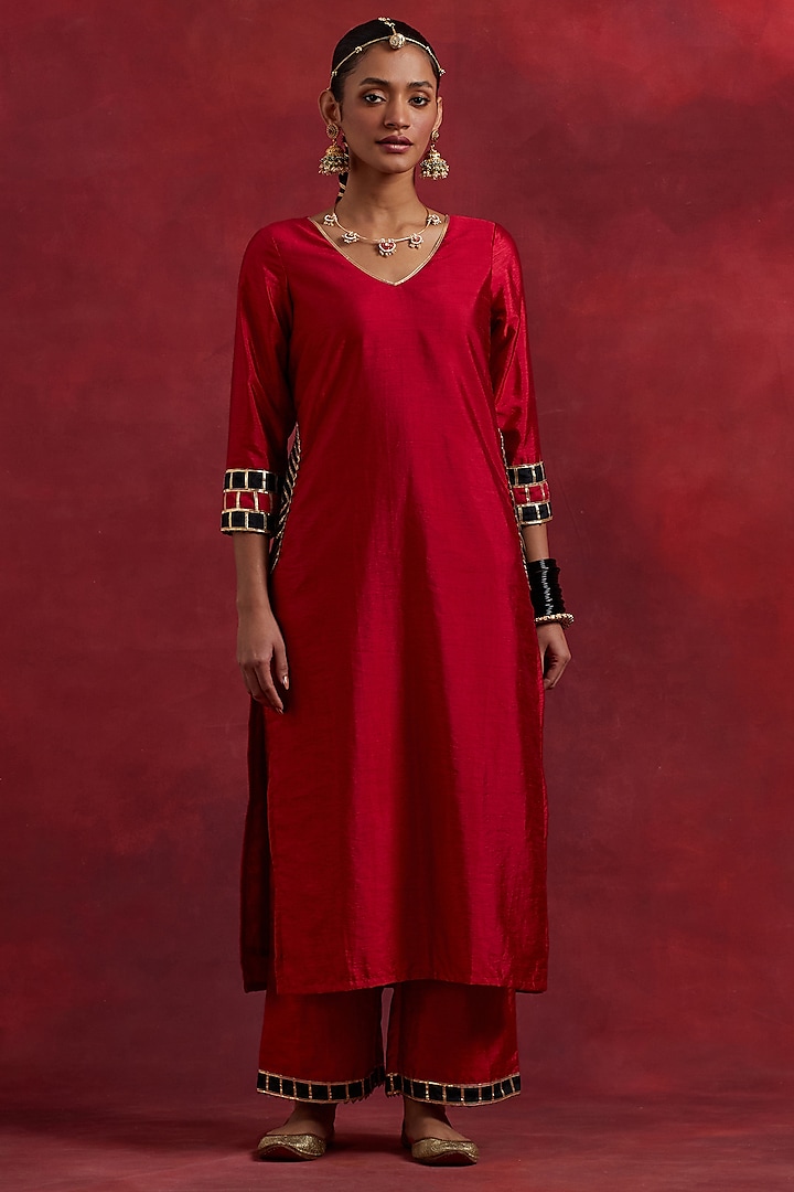 Red Raw Silk Gota Work Straight Kurta by TIC at Pernia's Pop Up Shop