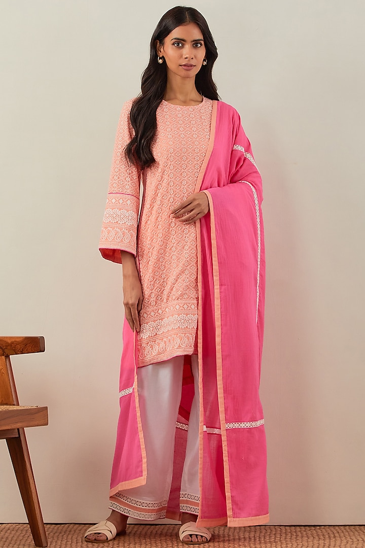 Peach Pure Cotton Embroidered Kurta Set by TIC