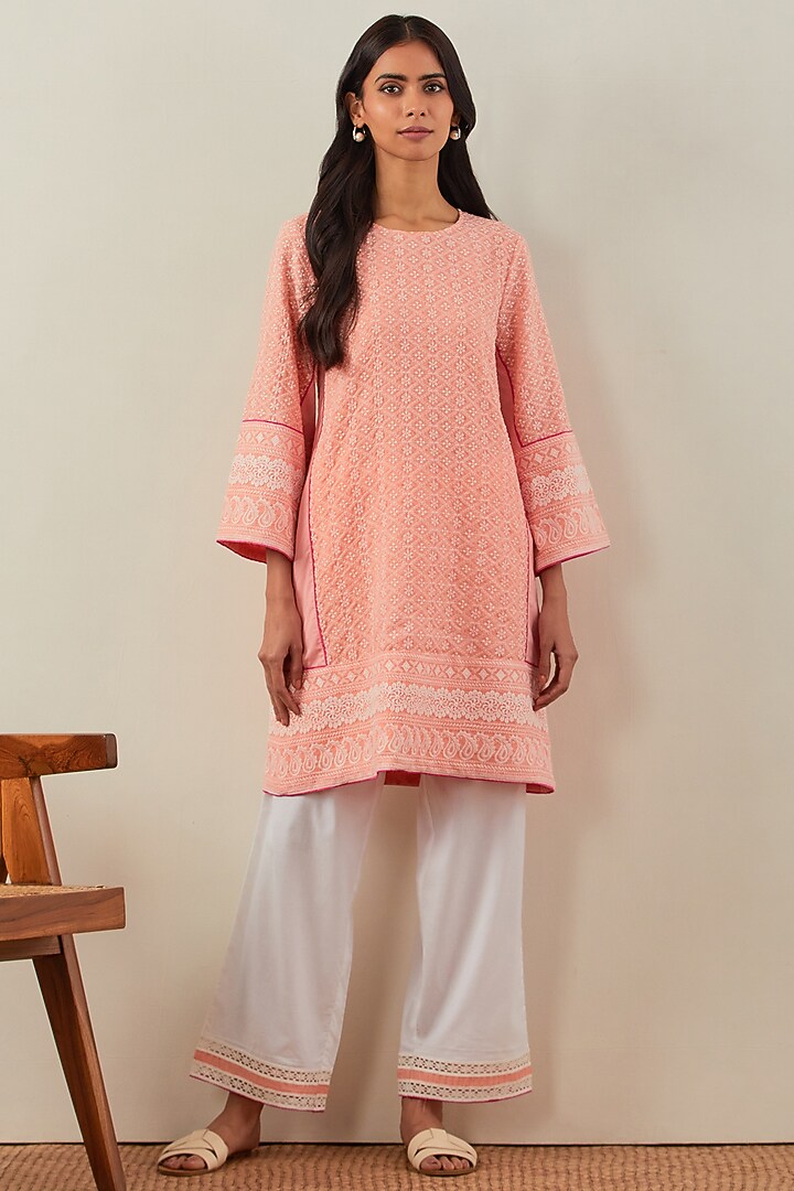 Peach Pure Cotton Embroidered Kurta Set by The Indian Cause at Pernia's Pop Up Shop