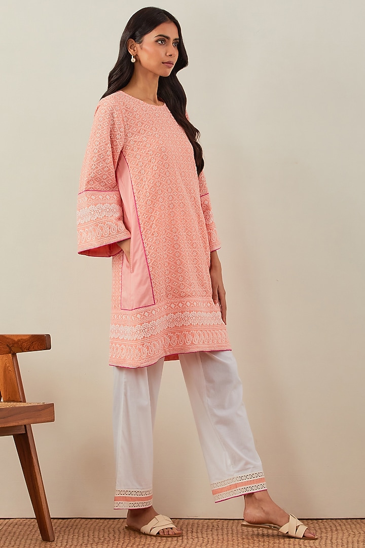 Peach Pure Cotton Embroidered Kurta Set by The Indian Cause at Pernia's Pop Up Shop