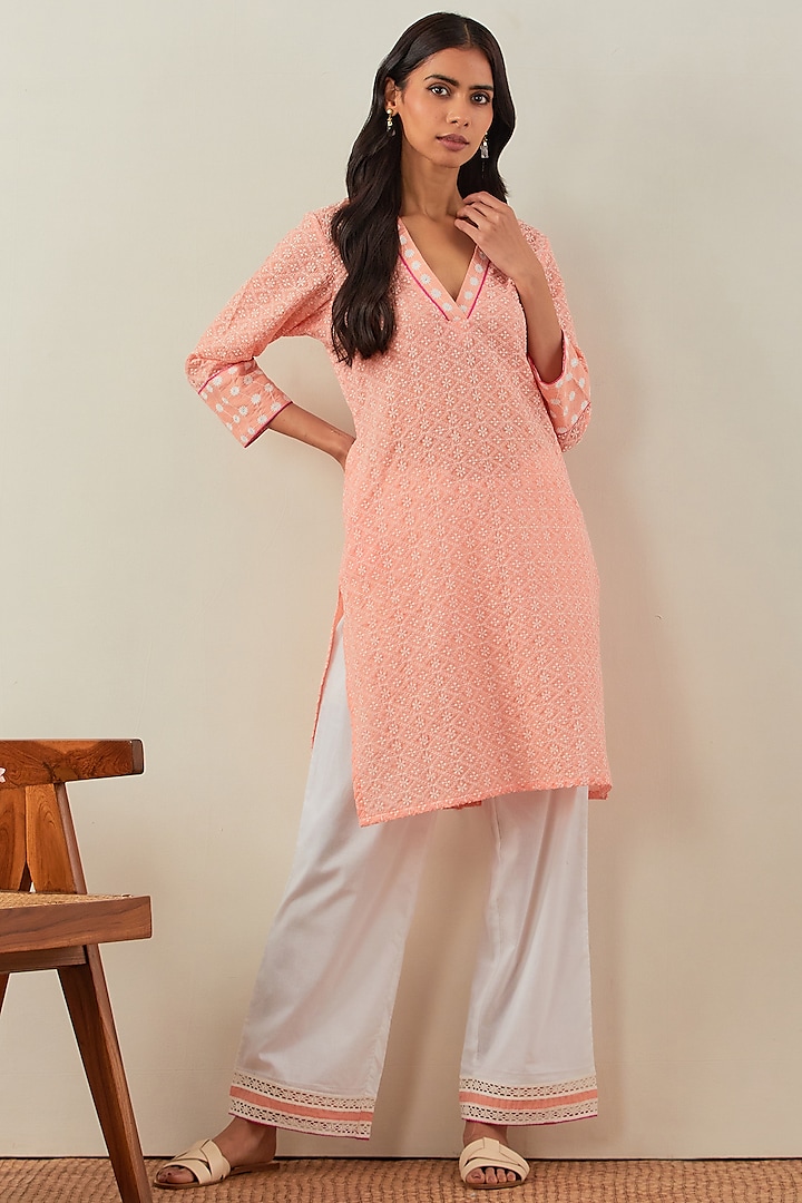 Peach Pure Cotton Embroidered Kurta Set by TIC