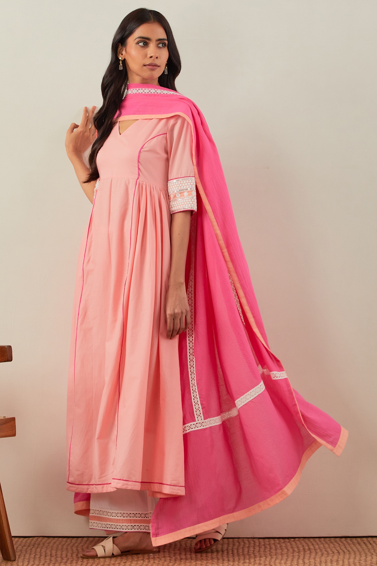 Buy Rose Pink Chikan Anarkali Suit Set by DIMPLE DESIGN STUDIO at Ogaan  Market Online Shopping Site
