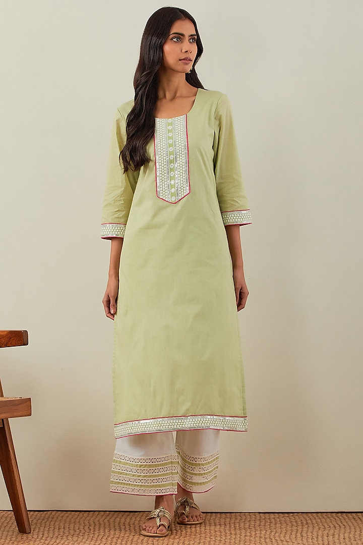 Green Pure Cotton Embroidered Kurta Set by TIC