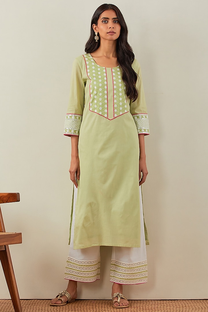 Green Pure Cotton Embroidered Kurta Set by TIC
