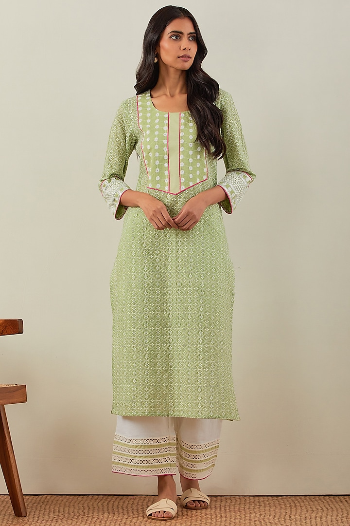 Green Pure Cotton Embroidered Kurta Set by TIC