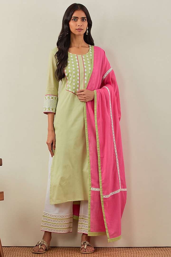 Green Cotton Cambric Embroidered Kurta Set by TIC