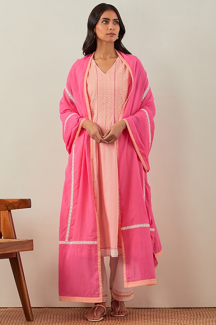 Peach Pure Cotton Embroidered Kurta Set by TIC