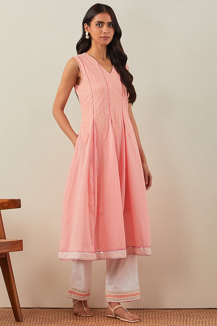 Peach Pure Cotton Embroidered Kurta Set by The Indian Cause at Pernia's Pop Up Shop