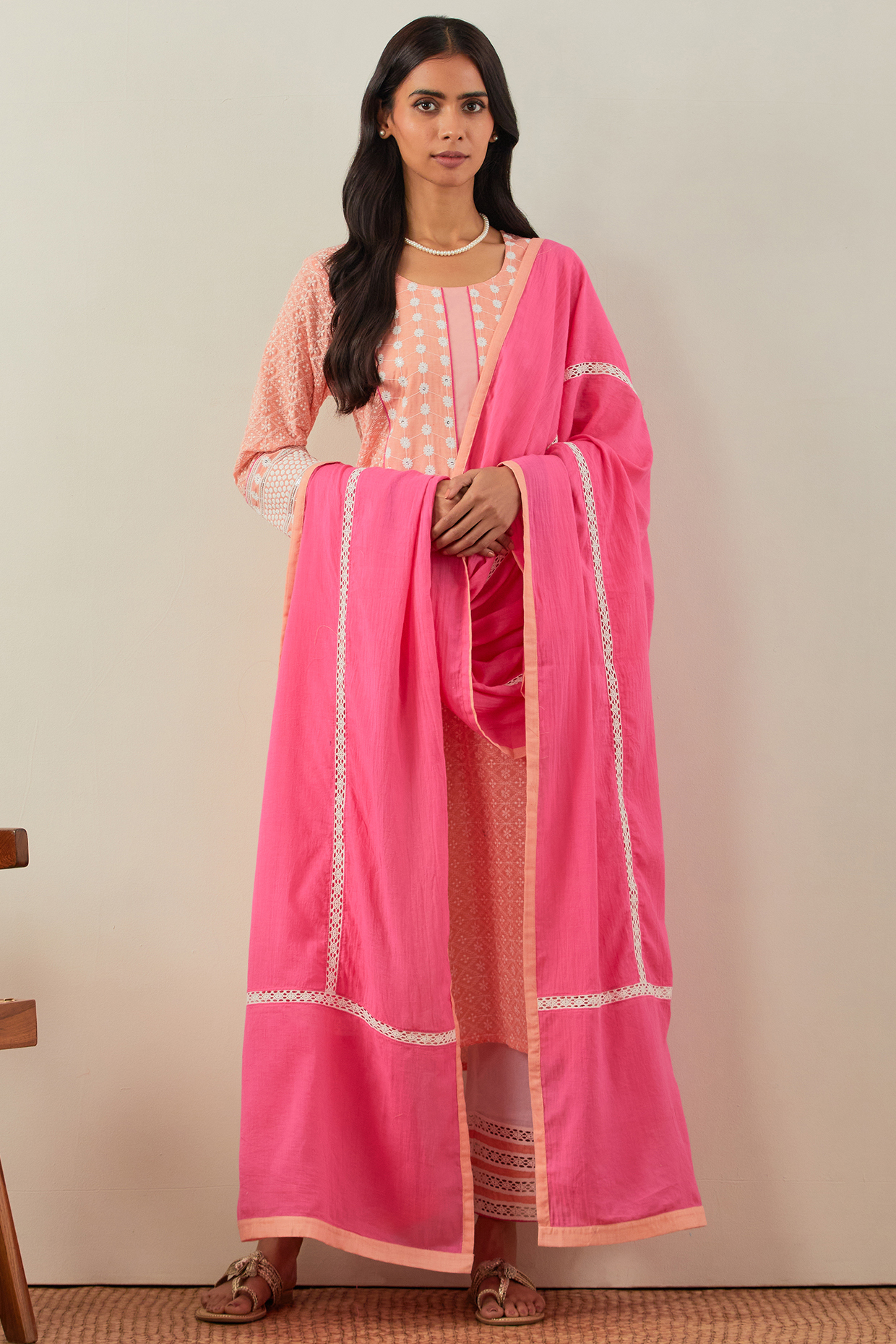 Peach Pure Cotton Chikankari Kurta Set by TIC