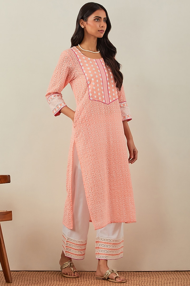Peach Pure Cotton Chikankari Kurta Set by The Indian Cause at Pernia's Pop Up Shop