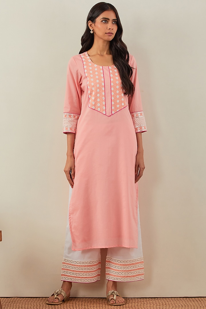 Peach Cotton Cambric Embroidered Kurta Set by The Indian Cause at Pernia's Pop Up Shop