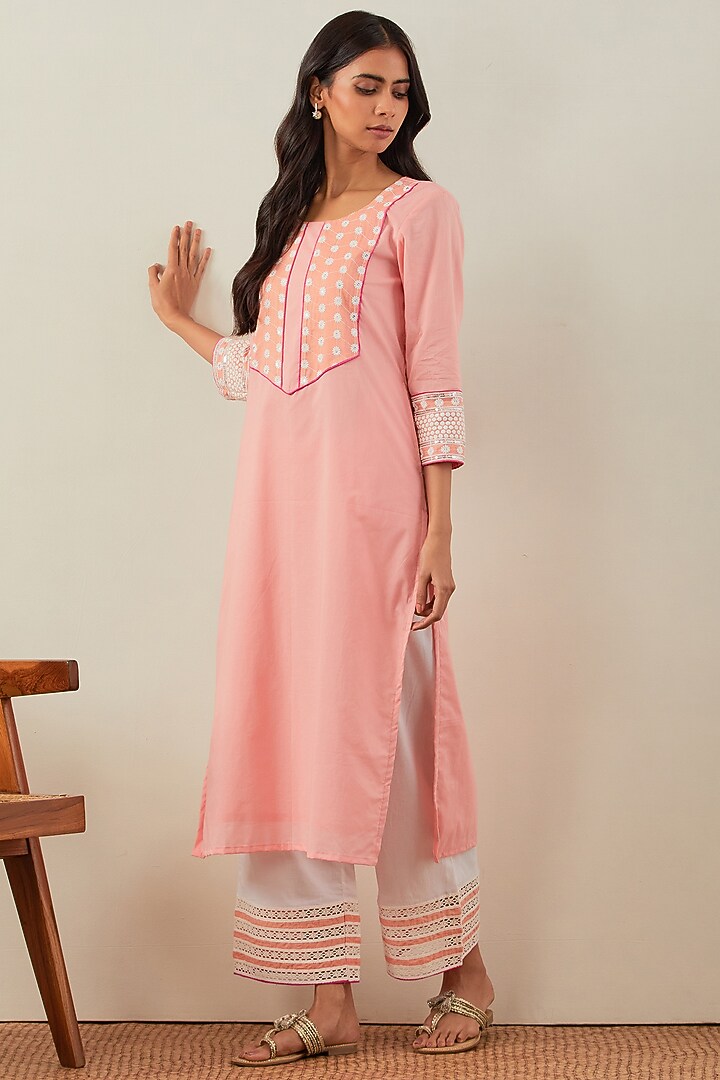 Peach Cotton Cambric Embroidered Kurta Set by The Indian Cause at Pernia's Pop Up Shop