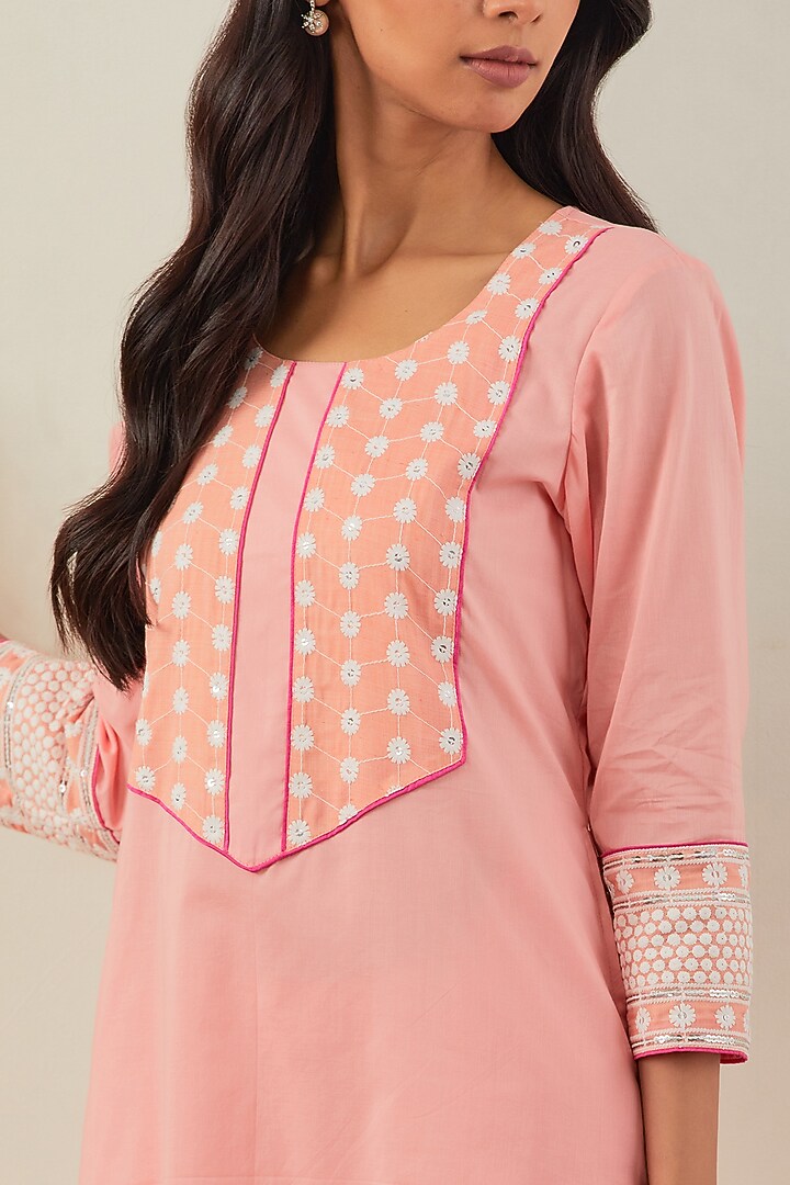 Peach Cotton Cambric Embroidered Kurta Set by The Indian Cause at Pernia's Pop Up Shop
