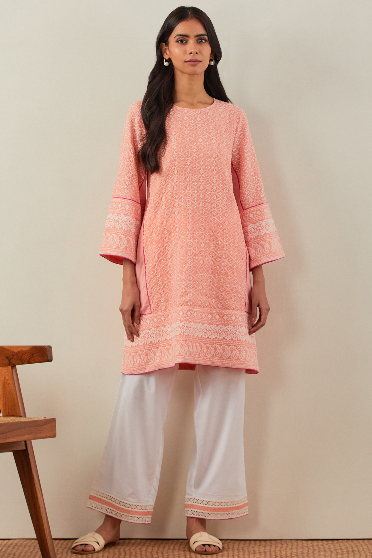 Peach Pure Cotton Chikankari Kurta Set by TIC
