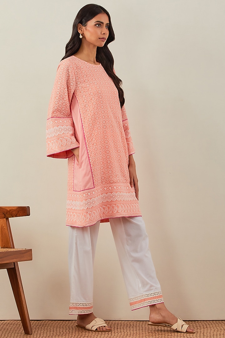 Peach Pure Cotton Chikankari Kurta Set by The Indian Cause at Pernia's Pop Up Shop