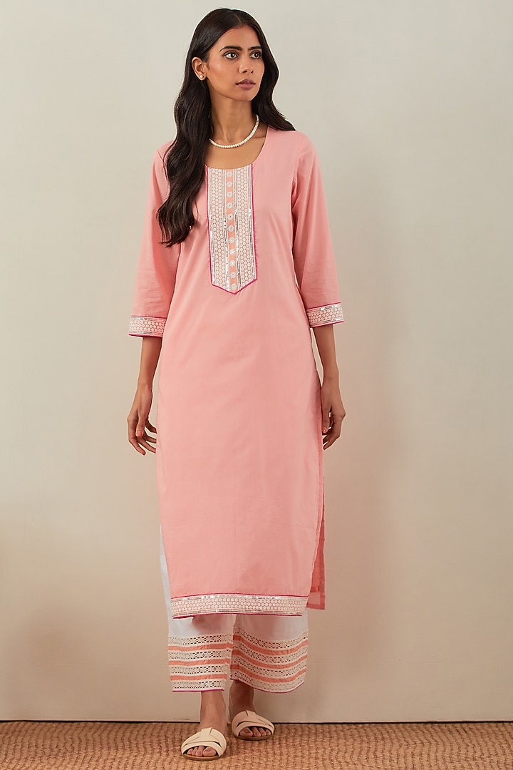 Peach Cambric Cotton Chikankari Kurta Set by The Indian Cause at Pernia's Pop Up Shop