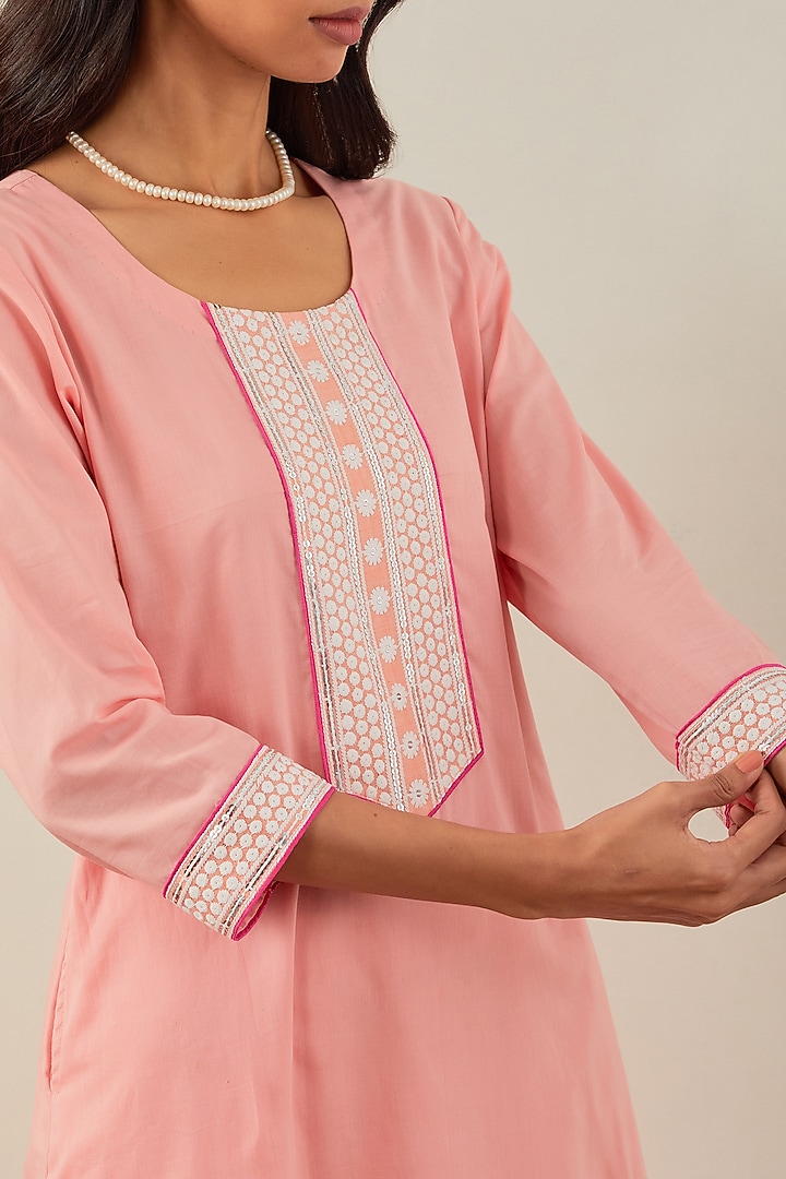 Peach Cambric Cotton Chikankari Kurta Set by The Indian Cause at Pernia's Pop Up Shop