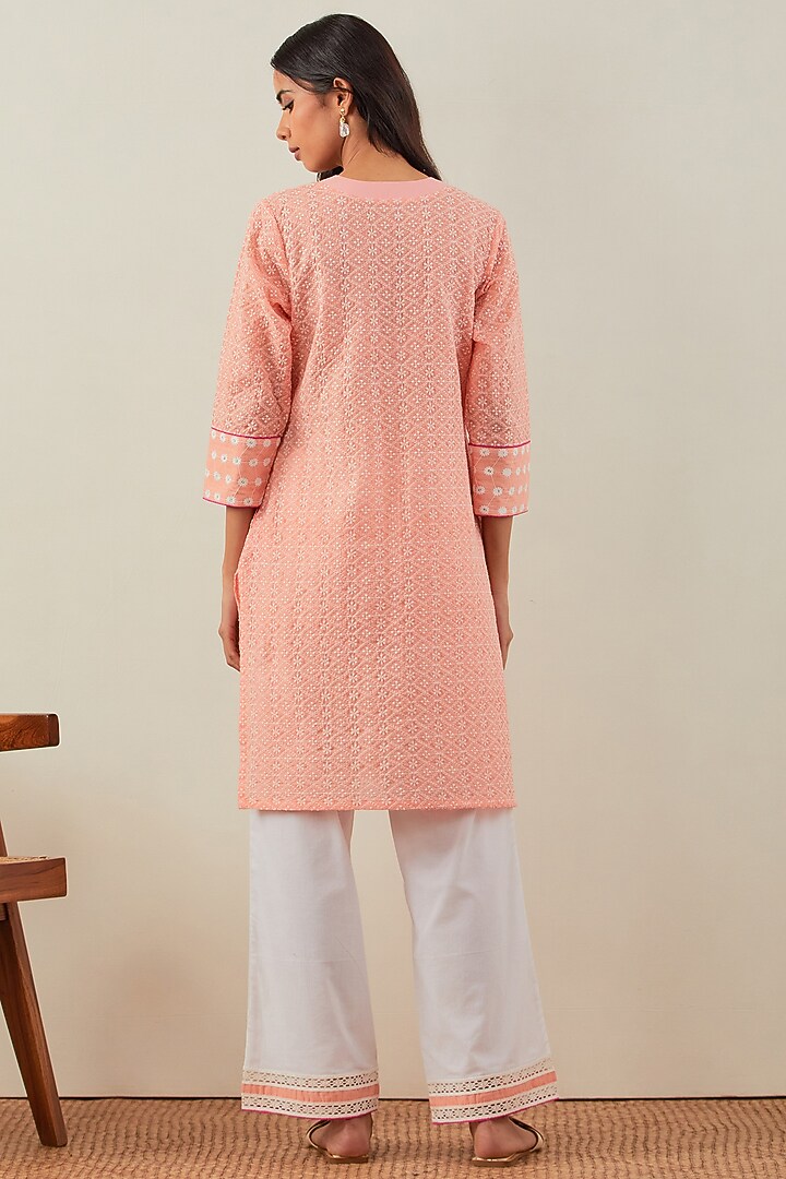 Peach Pure Cotton Chikankari Kurta Set by The Indian Cause at Pernia's Pop Up Shop
