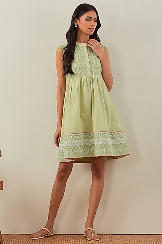 Green Pure Cotton Chikankari Dress by The Indian Cause
