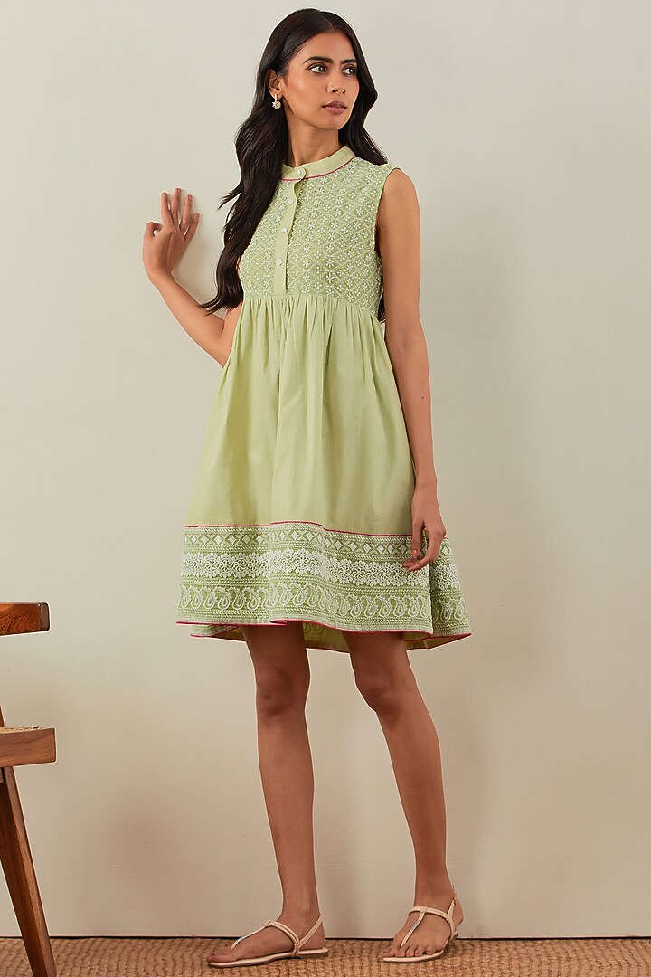 Green Pure Cotton Chikankari Summer Dress by The Indian Cause at Pernia's Pop Up Shop