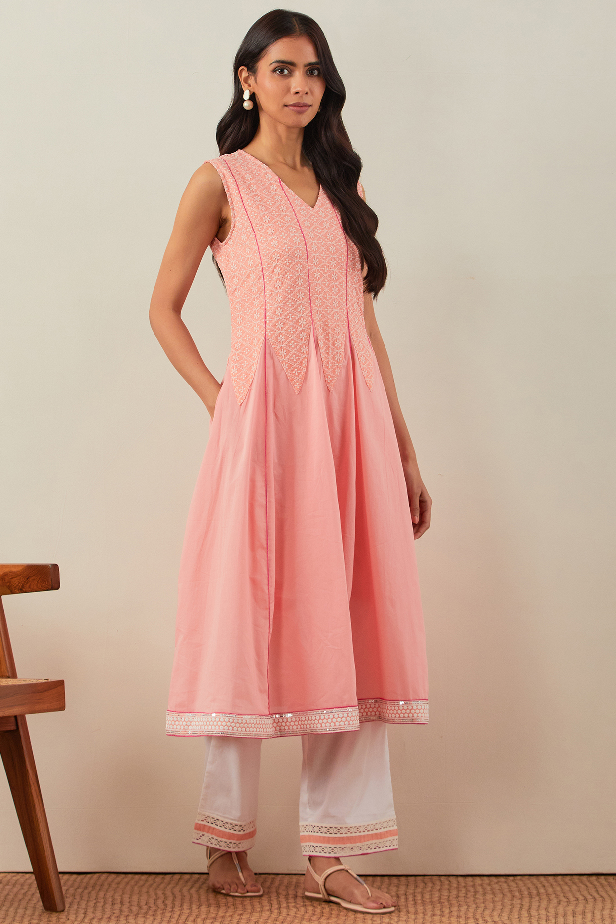 Peach Pure Cotton Chikankari Kurta Set by TIC