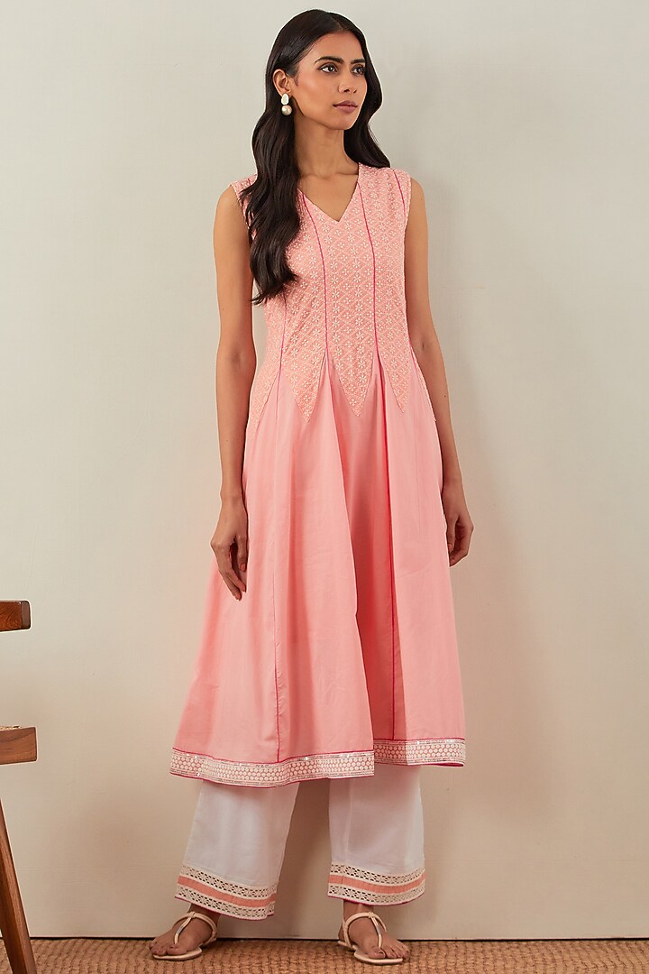 Peach Pure Cotton Chikankari Kurta Set by The Indian Cause at Pernia's Pop Up Shop