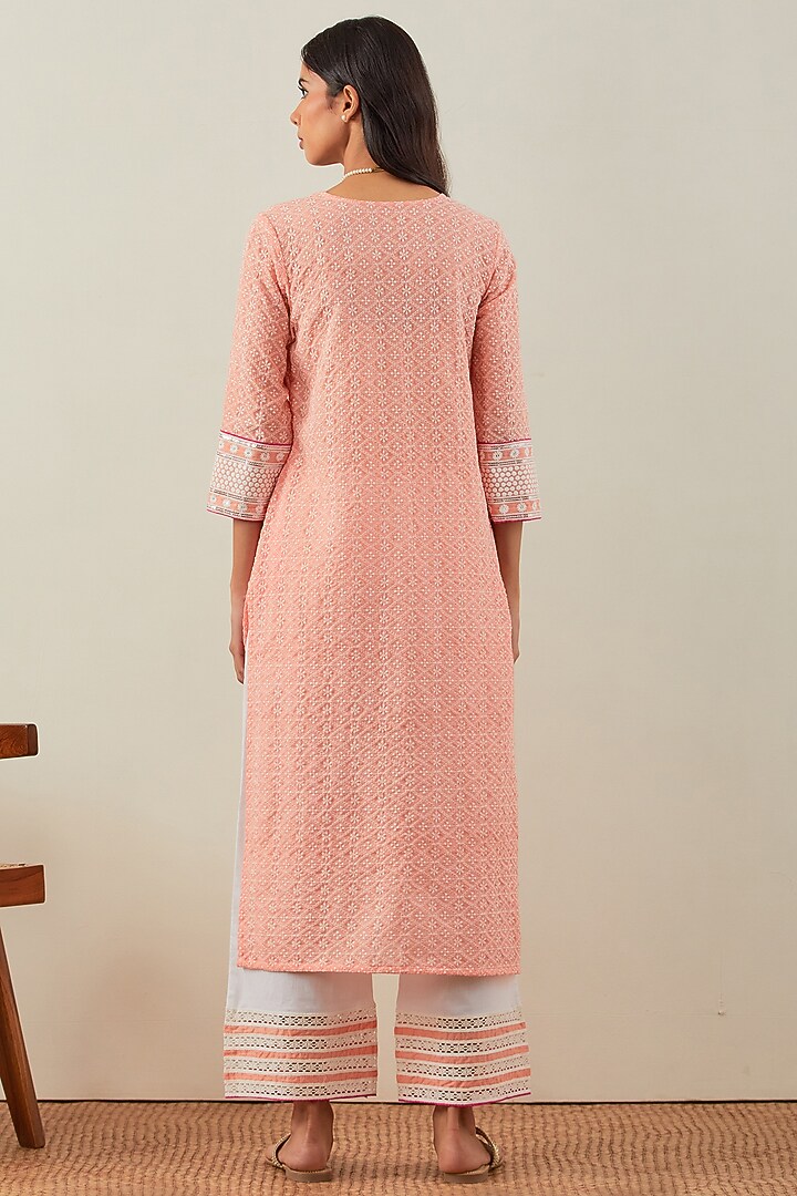Peach Pure Cotton Chikankari Kurta Set by The Indian Cause at Pernia's Pop Up Shop