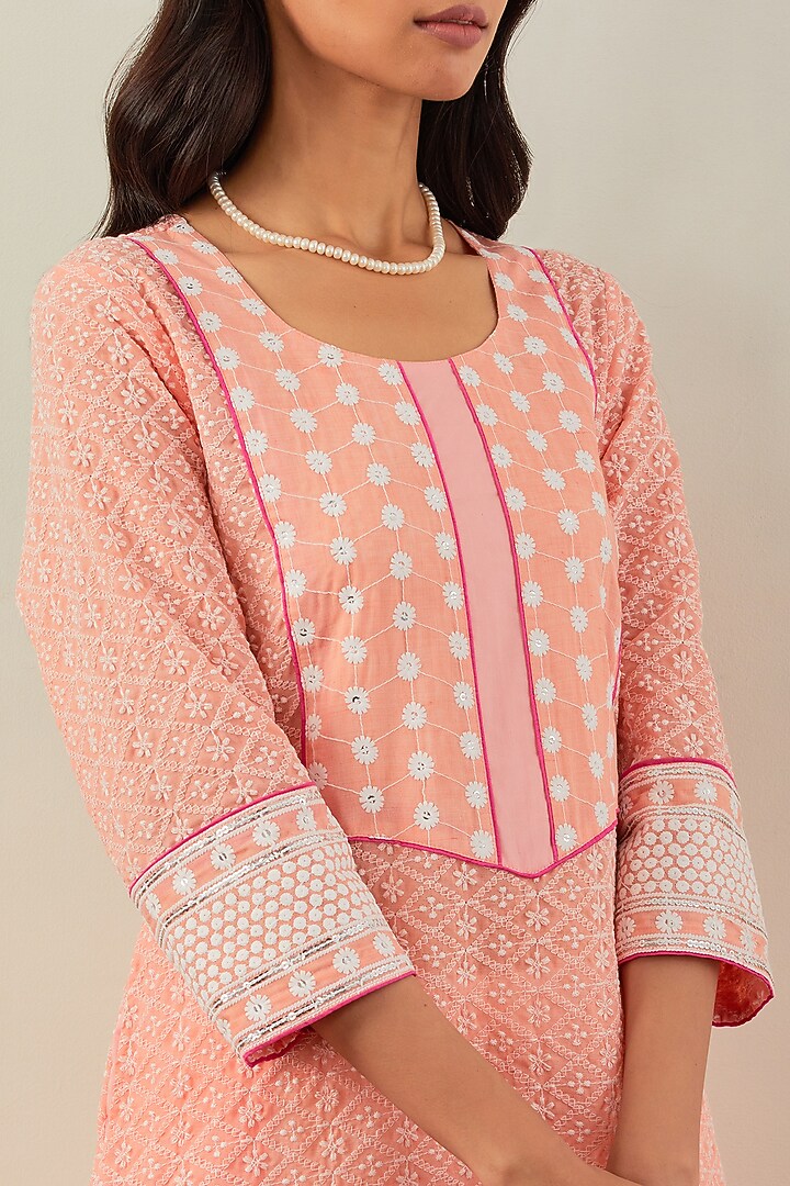 Peach Pure Cotton Chikankari Kurta Set by The Indian Cause at Pernia's Pop Up Shop
