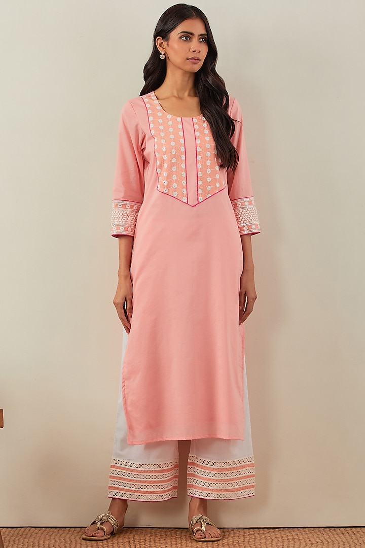 Peach Cotton Cambric Embroidered Kurta Set by TIC