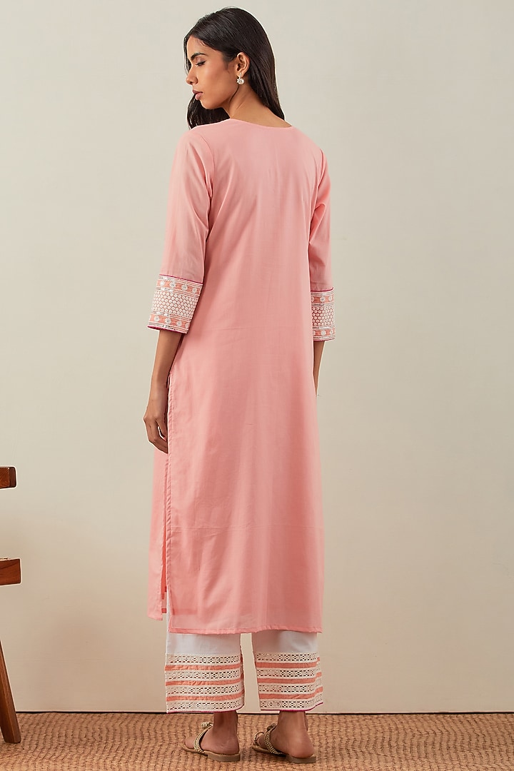 Peach Cotton Cambric Embroidered Kurta Set by The Indian Cause at Pernia's Pop Up Shop