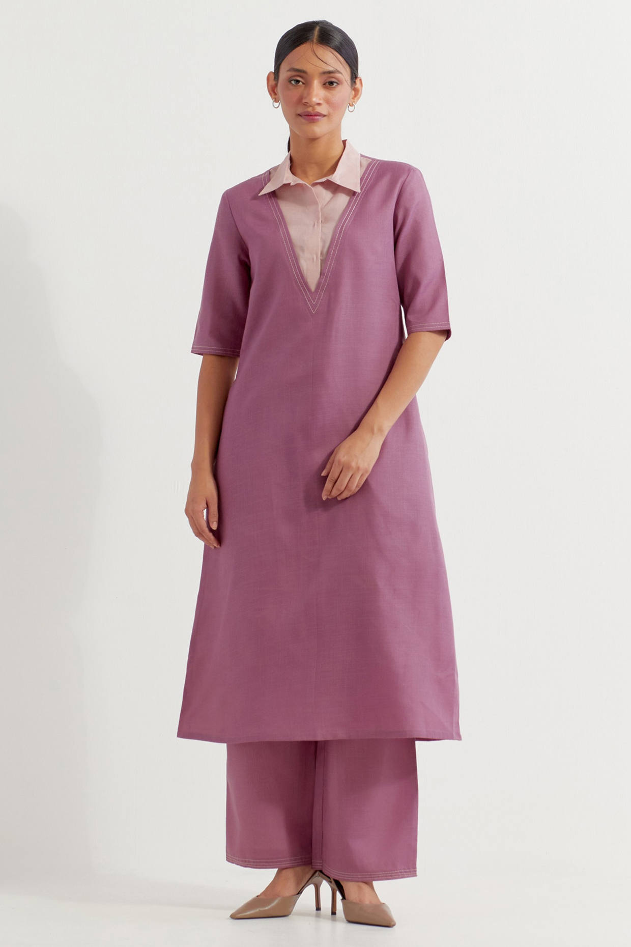 Pink & Mauve Cotton Slub Thread Work Kurta Set by The Indian Cause at Pernia's Pop Up Shop