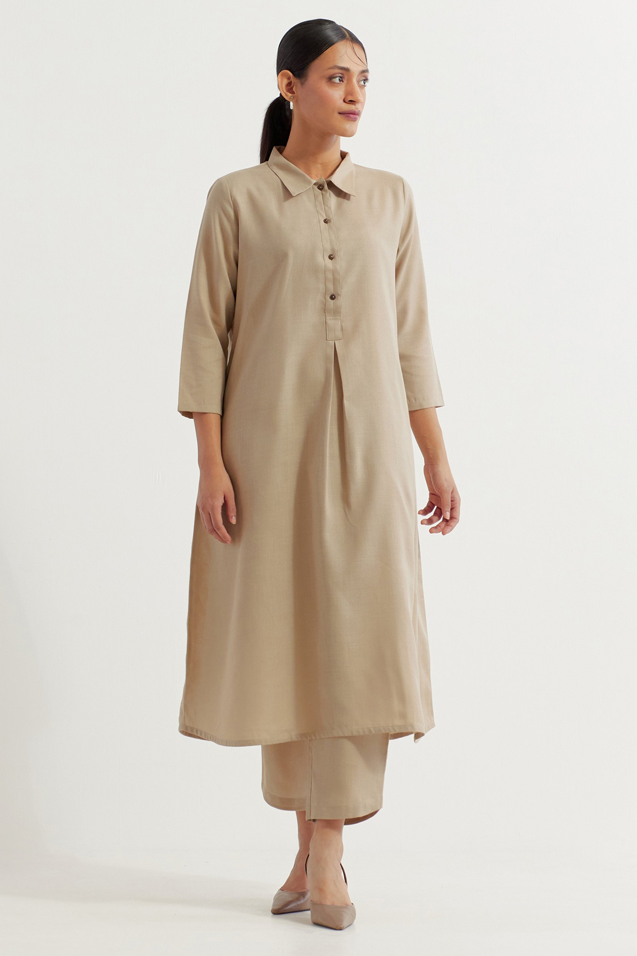 Beige Cotton Slub A-Line Kurta Set by The Indian Cause at Pernia's Pop Up Shop