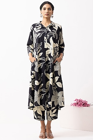 Black Cotton Block Printed A-Line Kurta Set by The Indian Cause