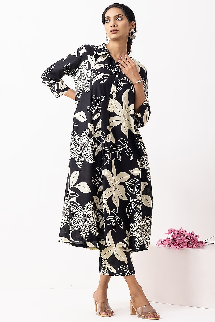 Black Cotton Block Printed A-Line Kurta Set by The Indian Cause at Pernia's Pop Up Shop