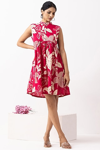 Crimson Red Cotton Block Printed Mini Dress by The Indian Cause