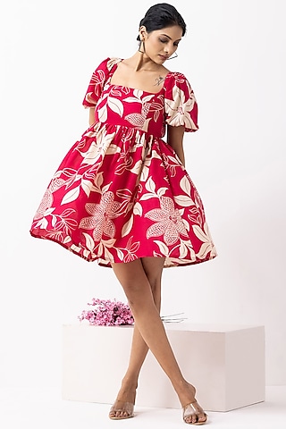 Crimson Red Cotton Block Printed Mini Dress by The Indian Cause