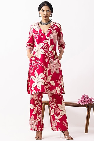 Crimson Red Pure Cotton Block Printed Kali Short Kurta Set by The Indian Cause