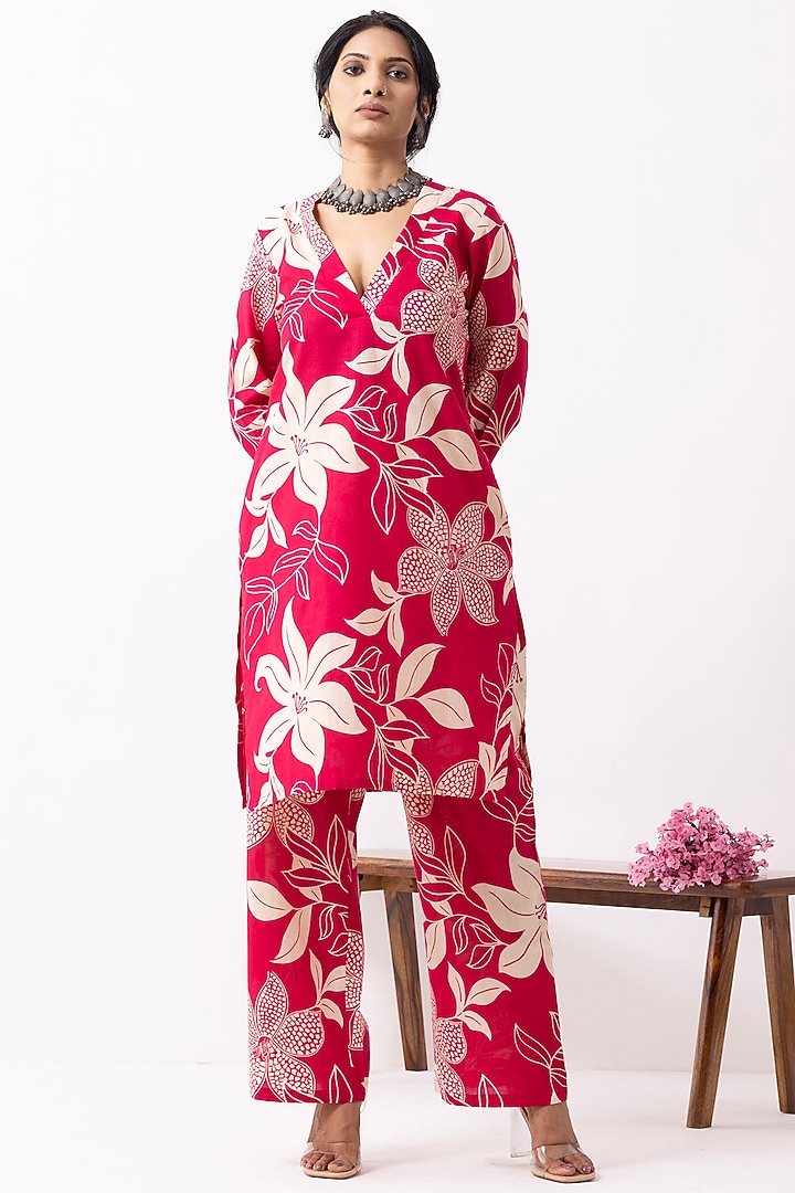 Crimson Red Pure Cotton Block Printed Kali Short Kurta Set by The Indian Cause at Pernia's Pop Up Shop