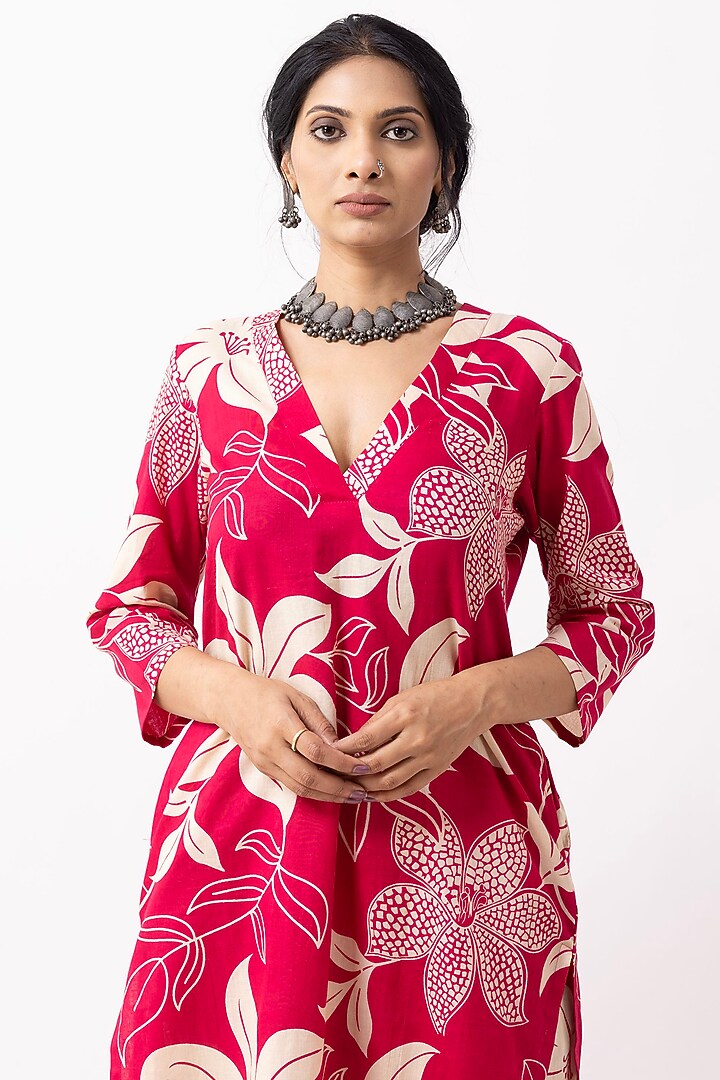 Crimson Red Pure Cotton Block Printed Kali Short Kurta Set by The Indian Cause at Pernia's Pop Up Shop