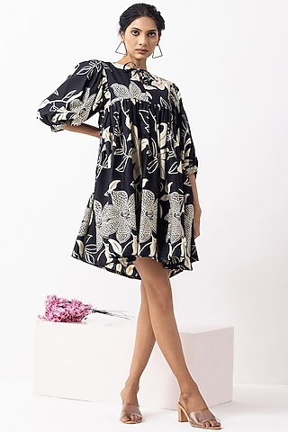 Black Cotton Block Printed Mini Dress by The Indian Cause