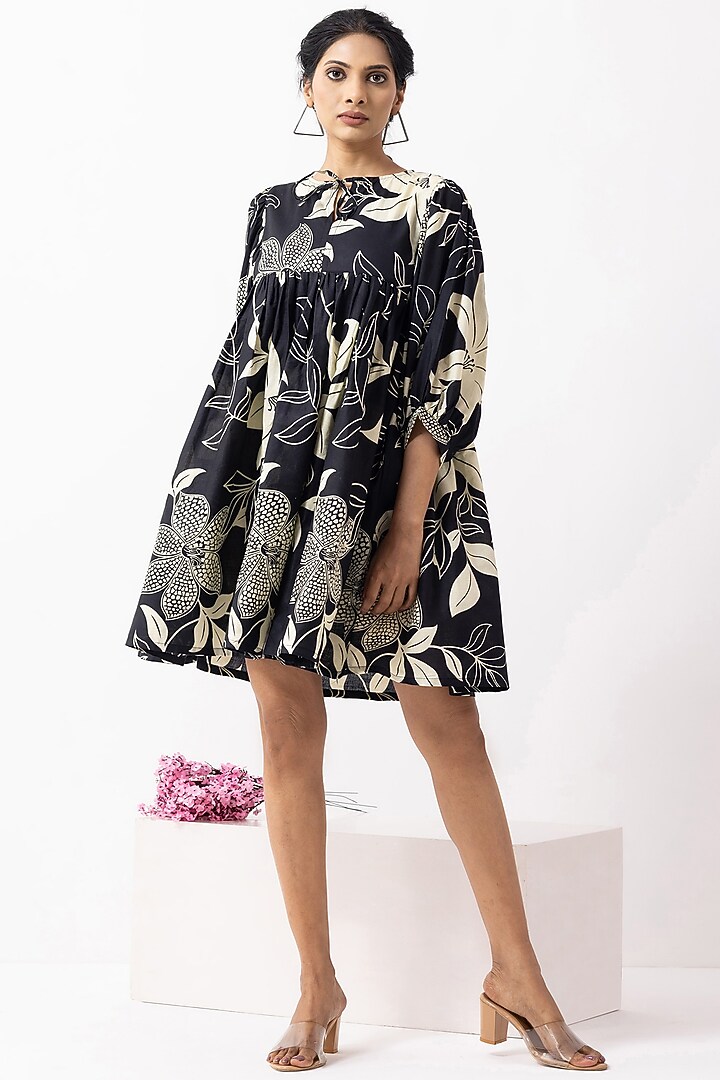 Black Cotton Block Printed Mini Summer Dress by The Indian Cause at Pernia's Pop Up Shop