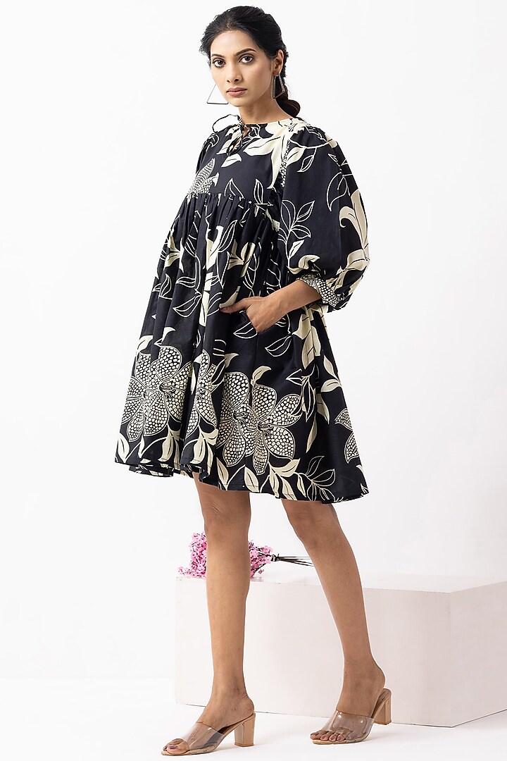 Black Cotton Block Printed Mini Summer Dress by The Indian Cause at Pernia's Pop Up Shop