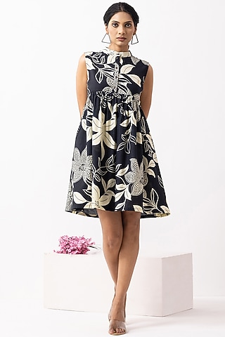 Black Soft Cotton Block Printed Mini Dress by The Indian Cause