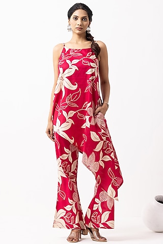 Crimson Red Soft Cotton Block Printed Asymmetric Kurta Set by The Indian Cause