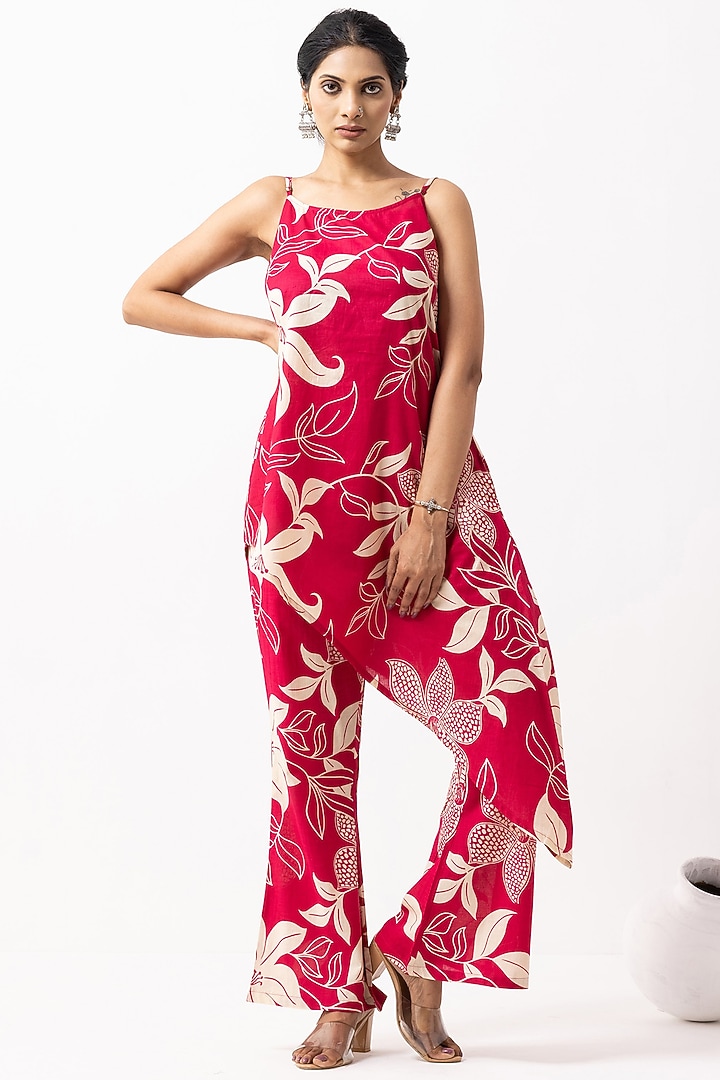 Crimson Red Soft Cotton Block Printed Asymmetric Kurta Set by The Indian Cause at Pernia's Pop Up Shop