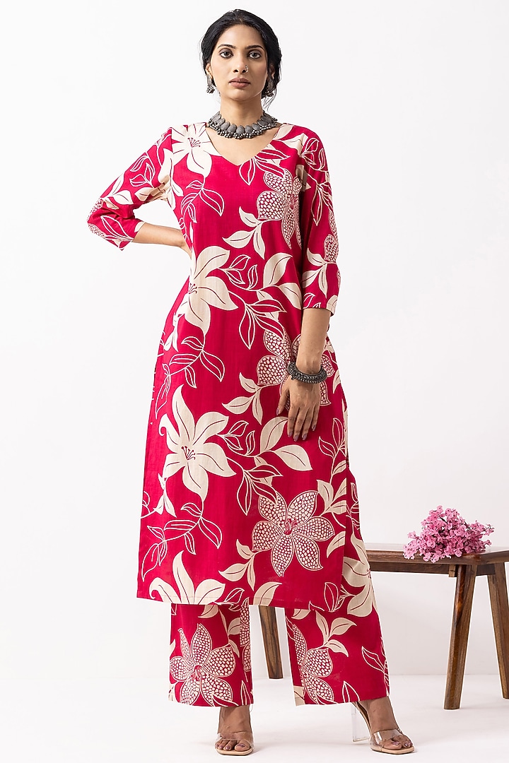 Crimson Red Cotton Block Printed Kurta Set by The Indian Cause at Pernia's Pop Up Shop