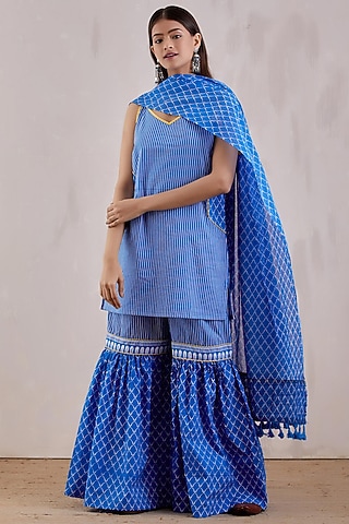 Cobalt Blue Printed Sharara Set by The Indian Cause