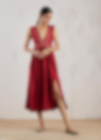 Red Chanderi Midi Dress by TIC